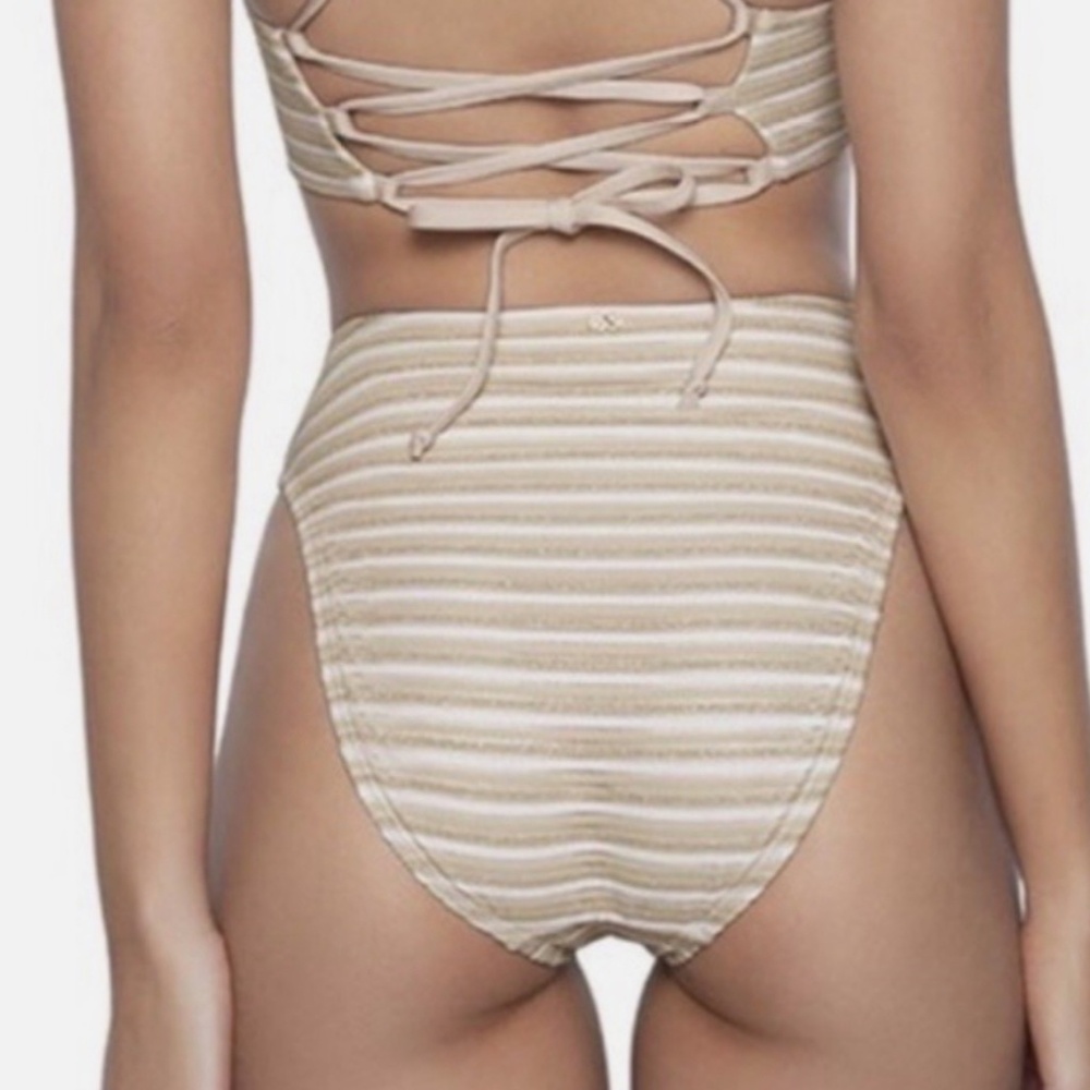 PQ Swim Cream and White Striped High-Waist Bikini Bottom